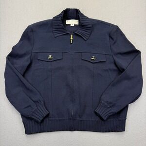 St John Collection Marie Gray Navy Blue Santana Knit Zip Jacket Bomber Mens M